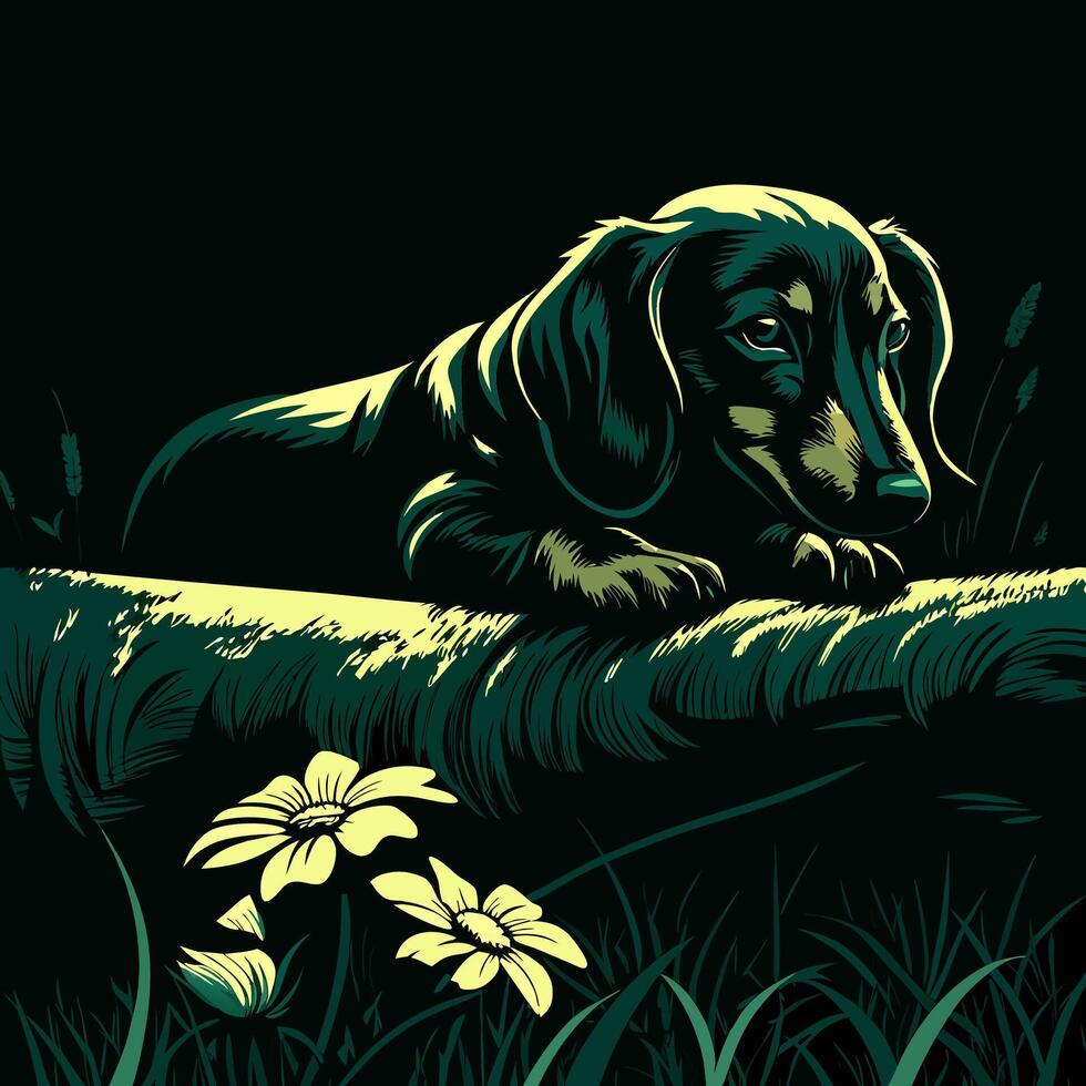 Dachshund Dog Resting on Log at Night vector
