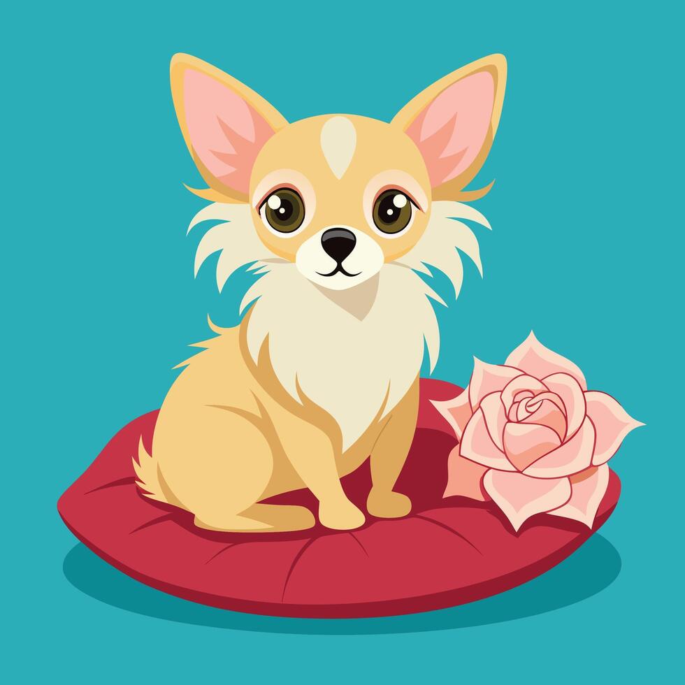 Cute Chihuahua Puppy on Pillow with Rose vector