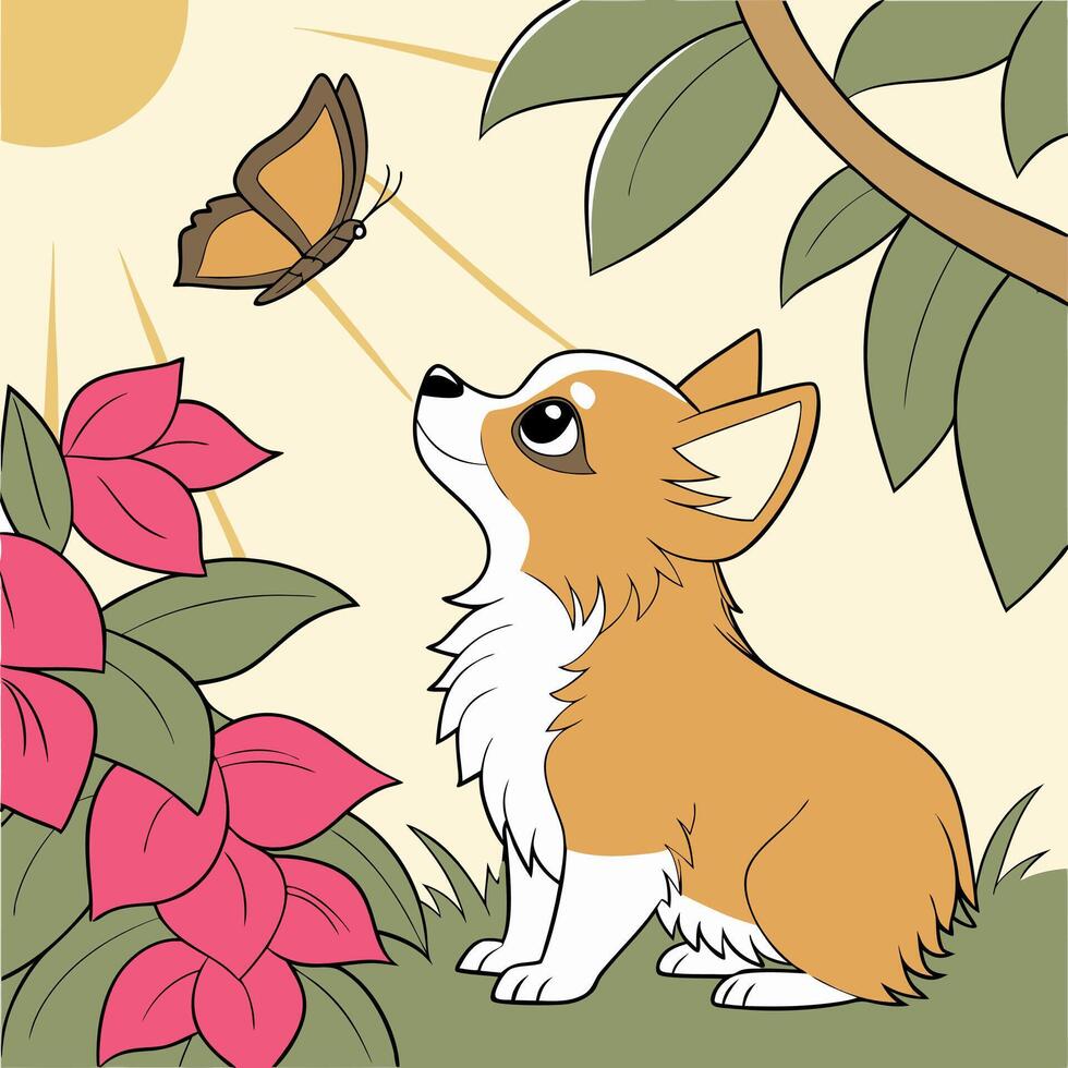 Cute Corgi Puppy Watching Butterfly vector