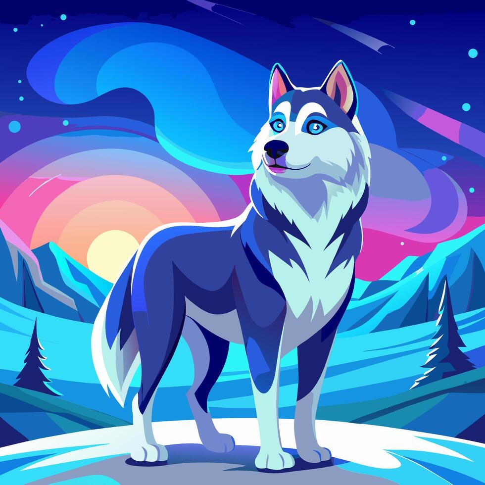 Husky Dog in Snowy Mountains at Sunset vector