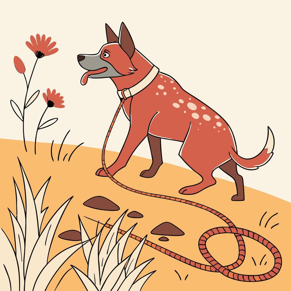 Red Heeler Dog on Leash, Outdoor Scene vector