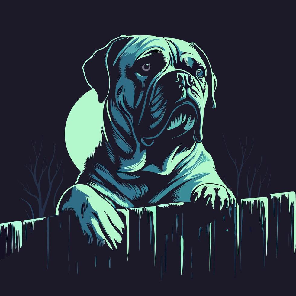 Bulldog at Night, Fence, Moon vector