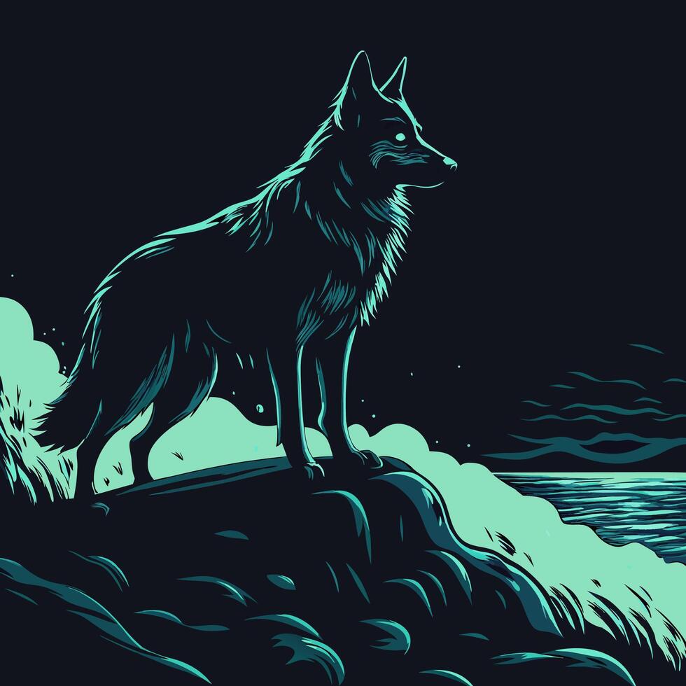 Wolf Silhouette on Cliff at Night vector