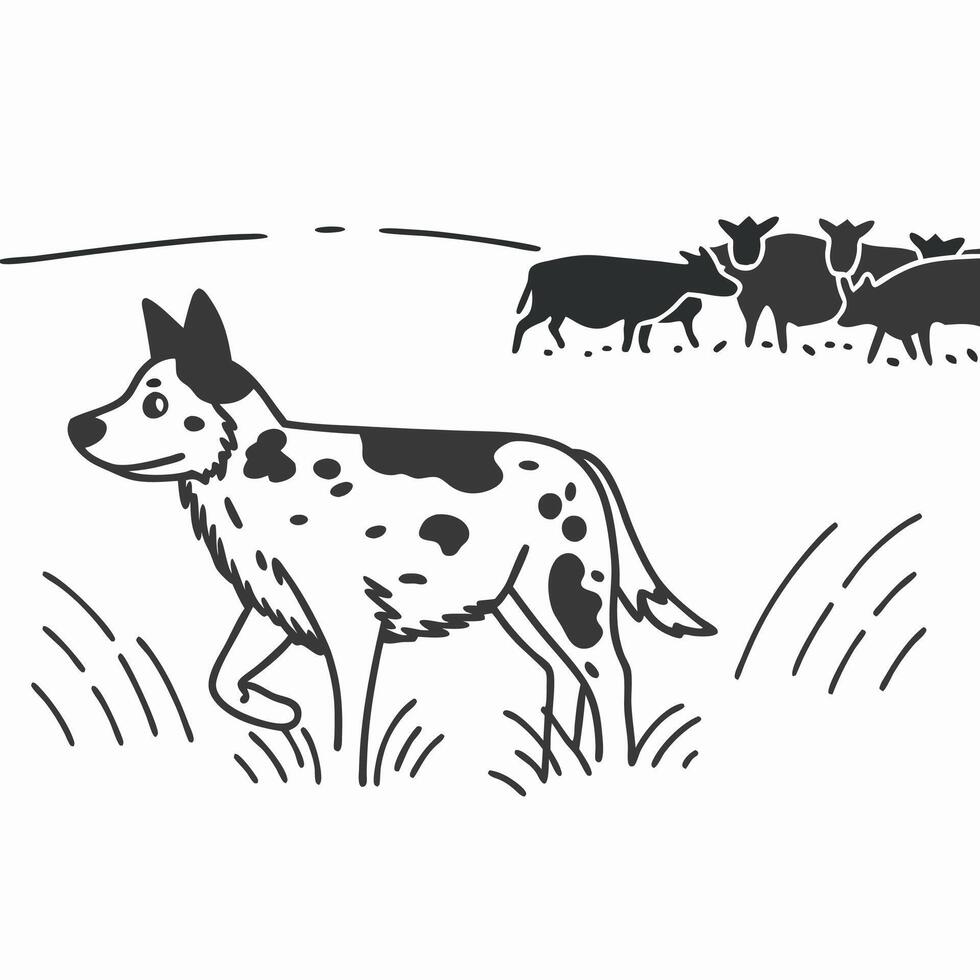 Spotted Dog Herding Cows in Field vector