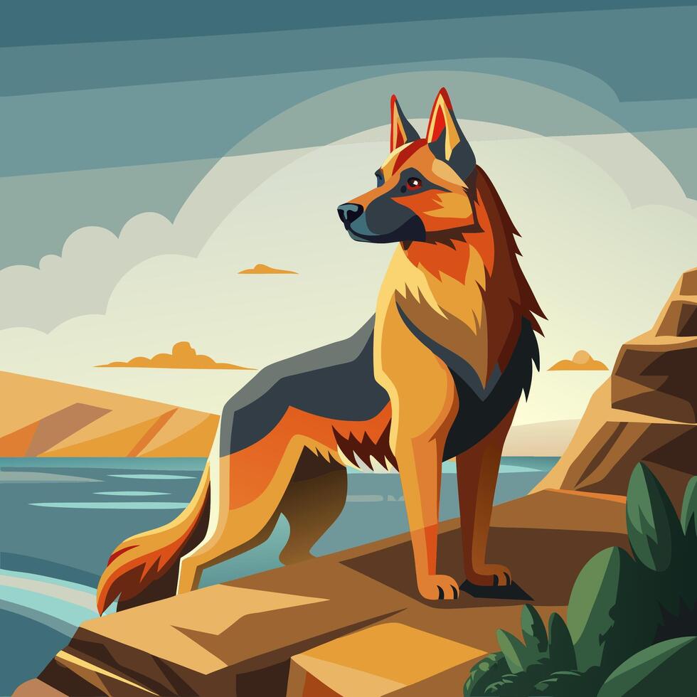 German Shepherd Dog on Cliff by Lake vector