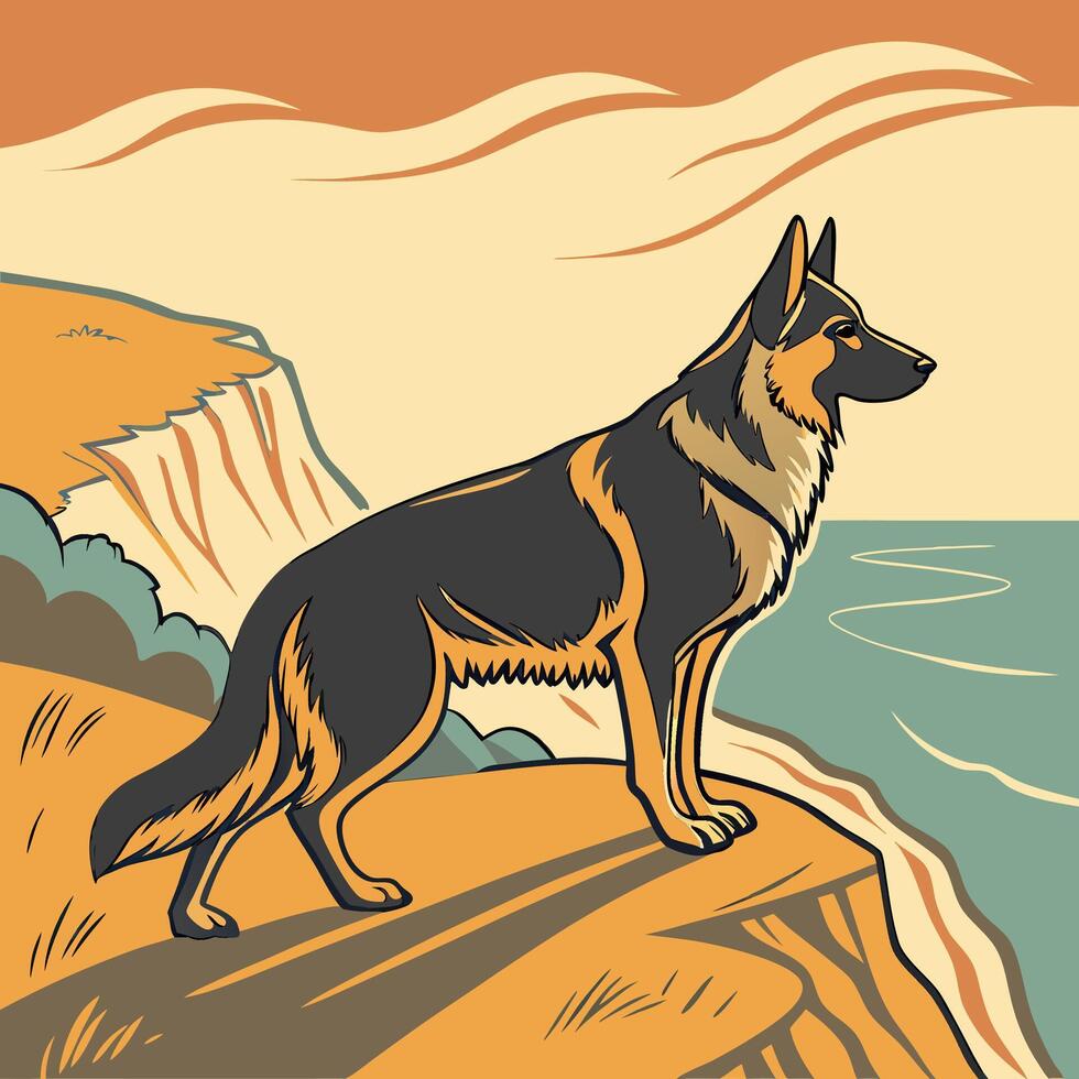 German Shepherd Dog on Cliff by Ocean vector
