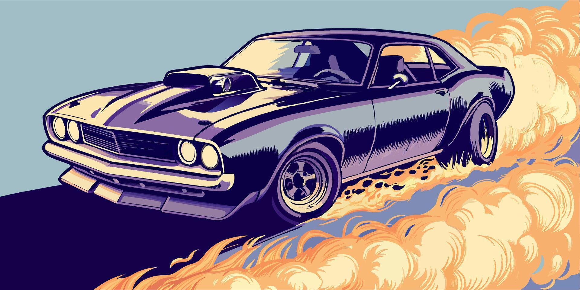 Classic Muscle Car Speeding Flames vector