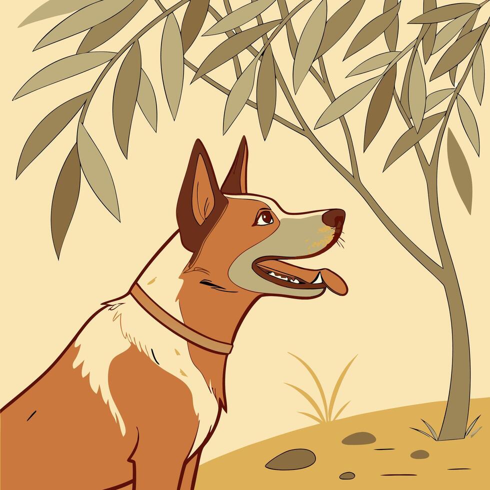 Red Heeler Dog Under Olive Tree vector