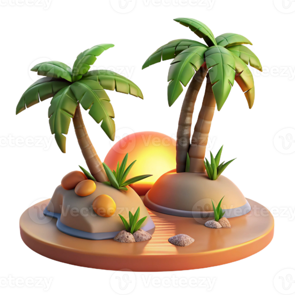 beautiful minimalist Tropical Island Sunset Haven Isolated on Transparent Background high quality png