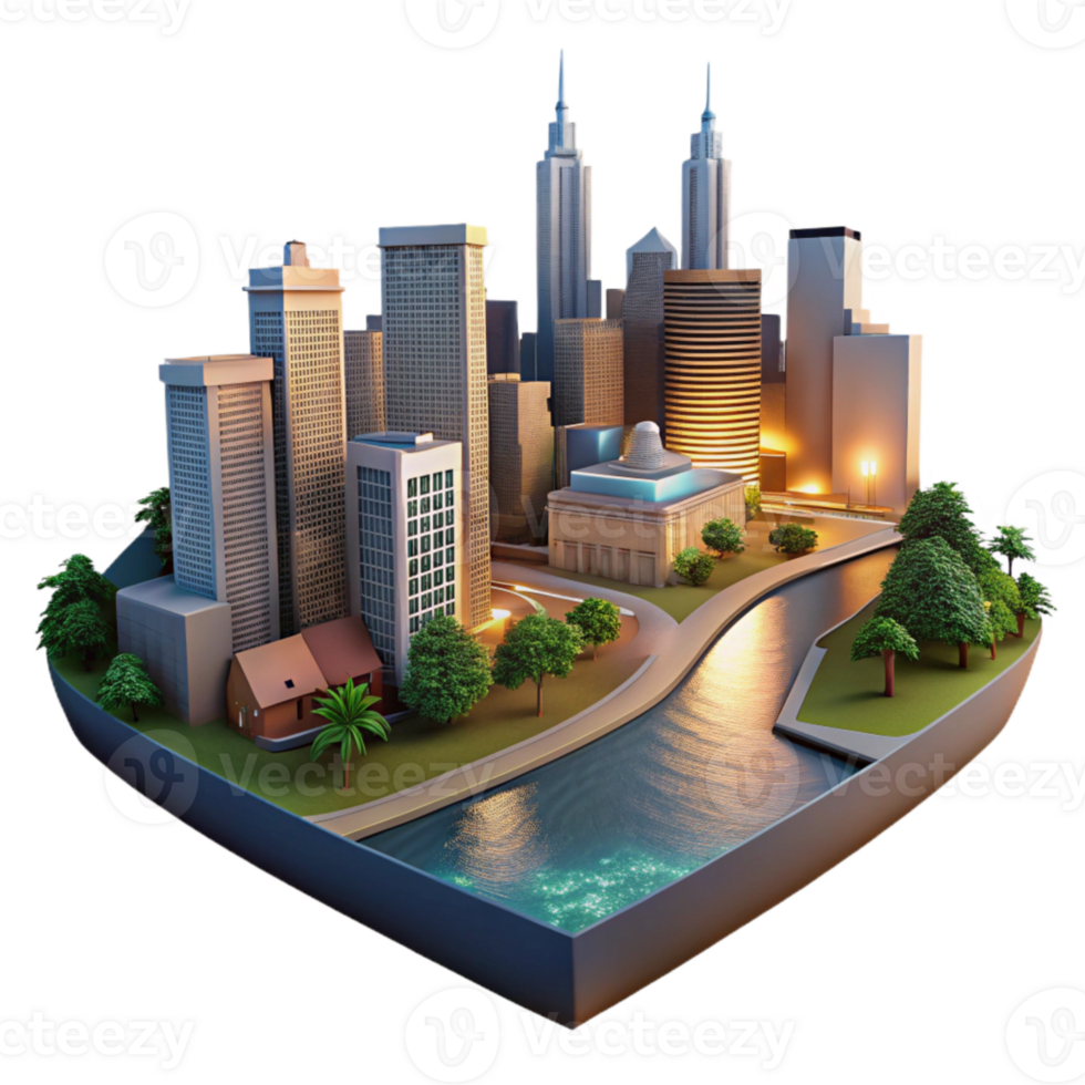 magnificent classic Twilight Cityscape Panorama with River Cutout high quality png