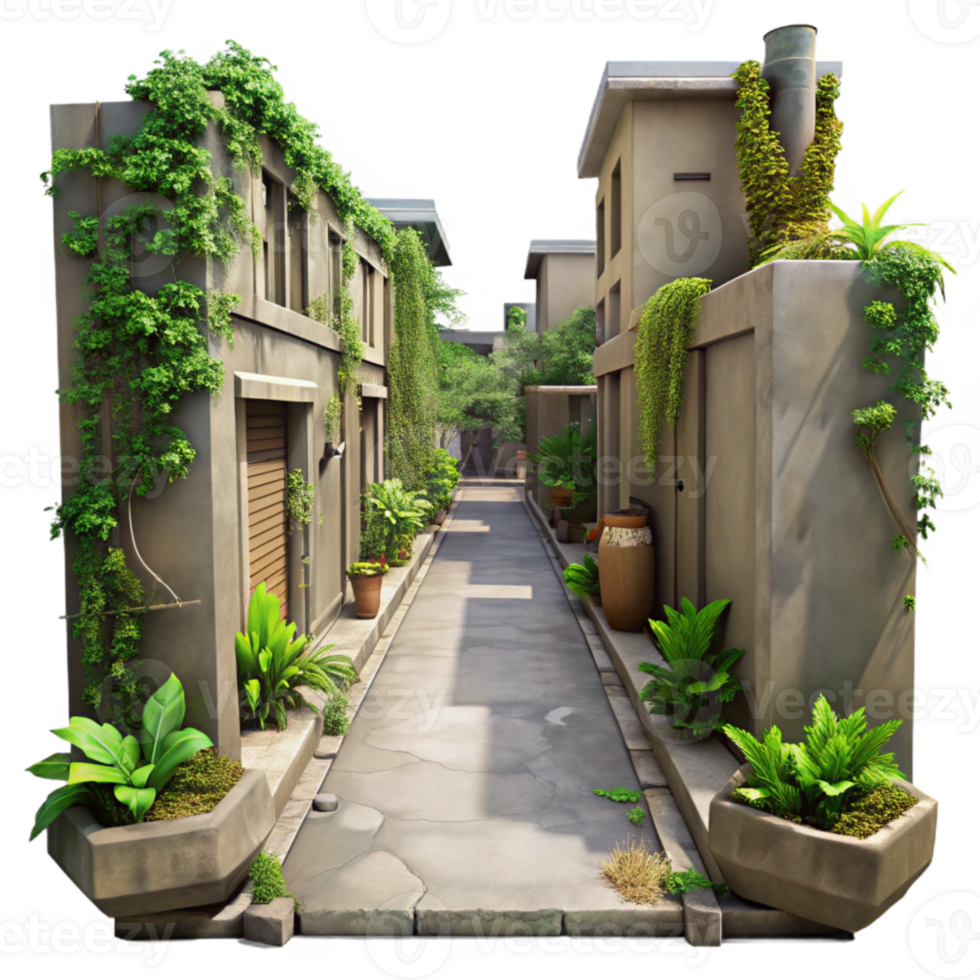 vibrant minimalist Urban Alleyway with Overgrown Plants Cutout high quality png