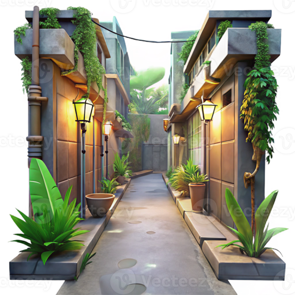 impressive abstract Urban Jungle Alleyway Transparent Background Dim Lighting high resolution png
