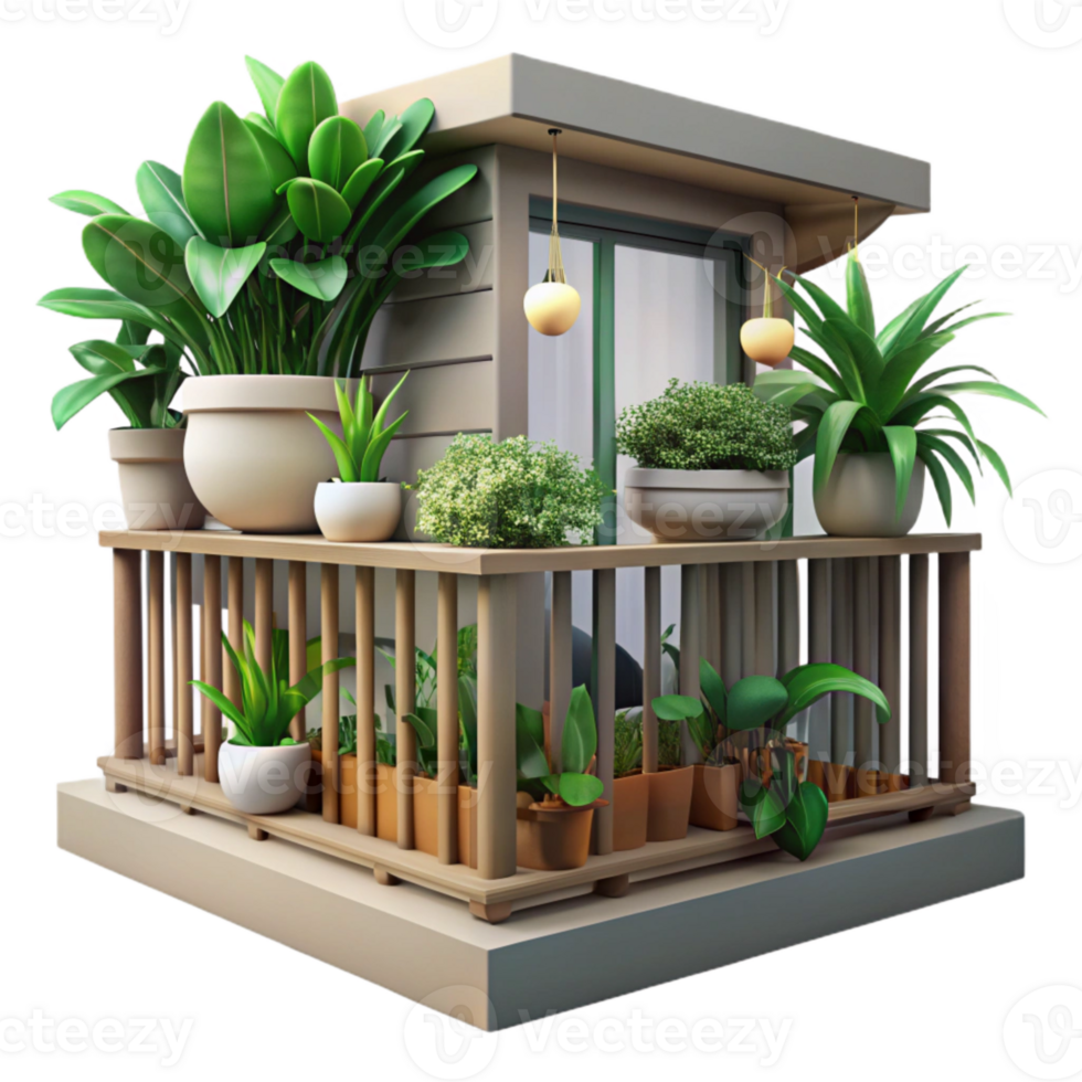 wonderful rustic Urban Jungle Balcony with Plants Isolated Element genuine png