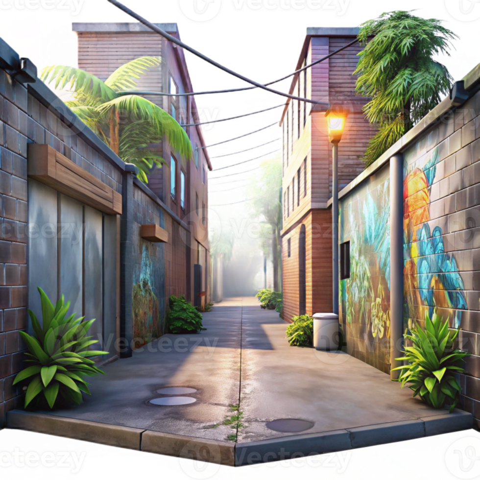 serene traditional Urban Jungle Alleyway with Graffiti Transparent Background high resolution png