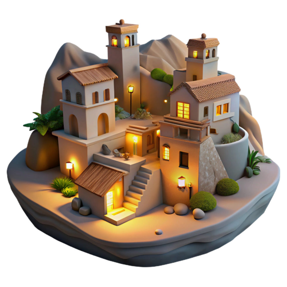serene vintage Vespera Village at Dusk Cutout Softly Lit Hillside Scene detailed png