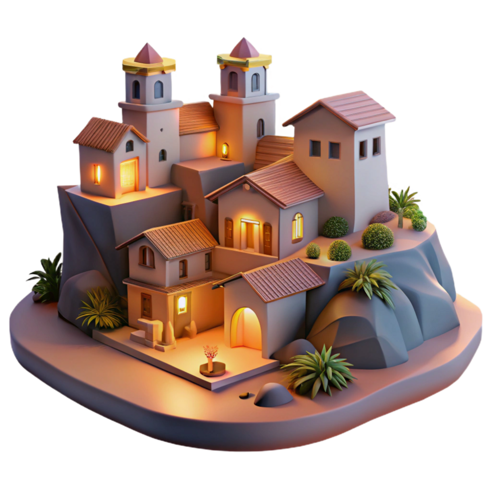 elegant contemporary Vespera Village at Dusk Cutout Softly Lit Hillside Scene high quality png
