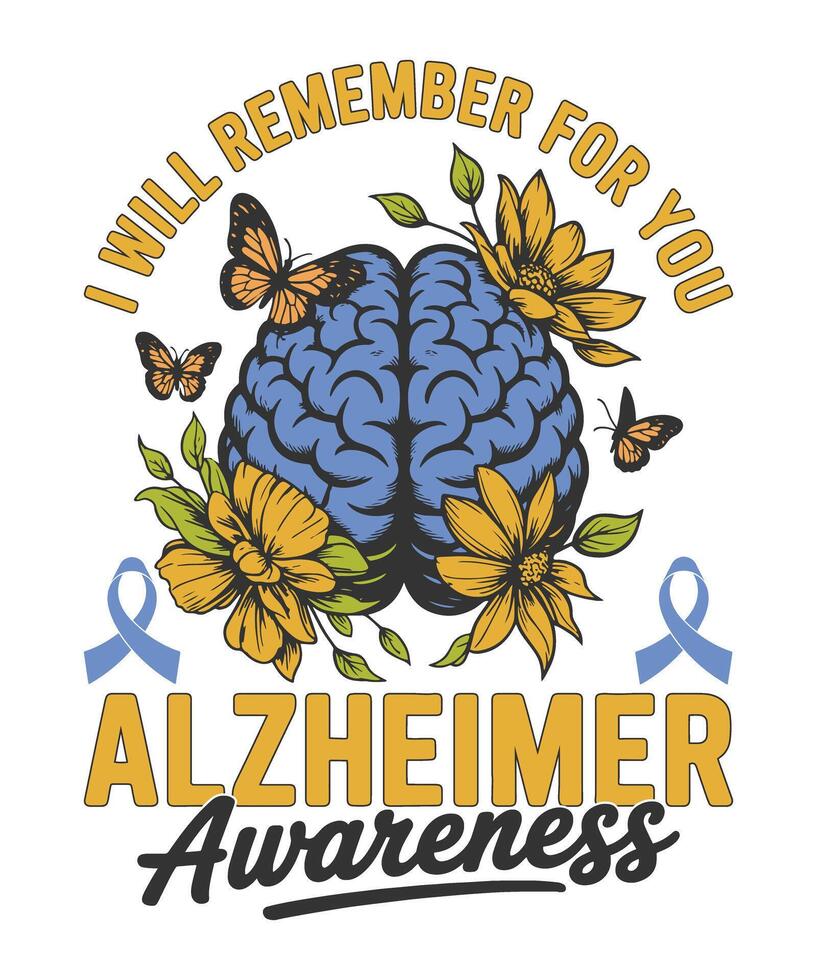 Alzheimers Awareness Brain with Sunflower I Will Remember for You Design vector