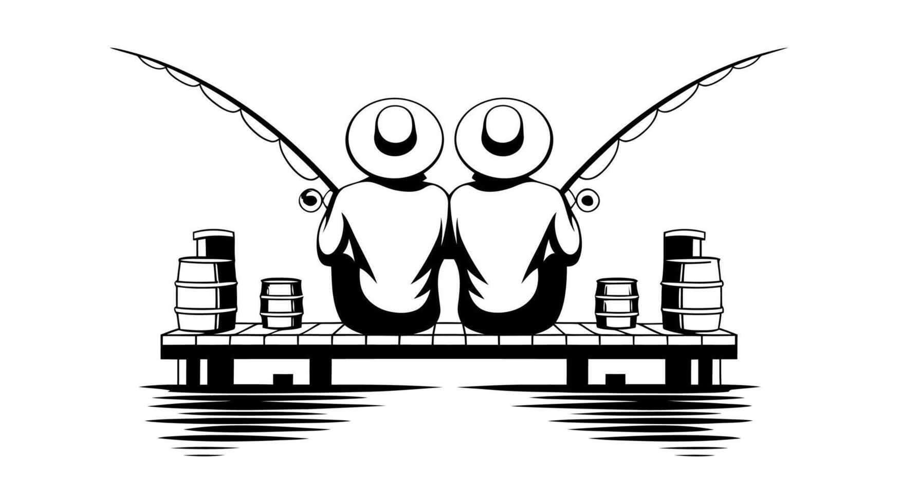 Two Friends Fishing from a Dock. Black and White Illustrationtor Designs. vector