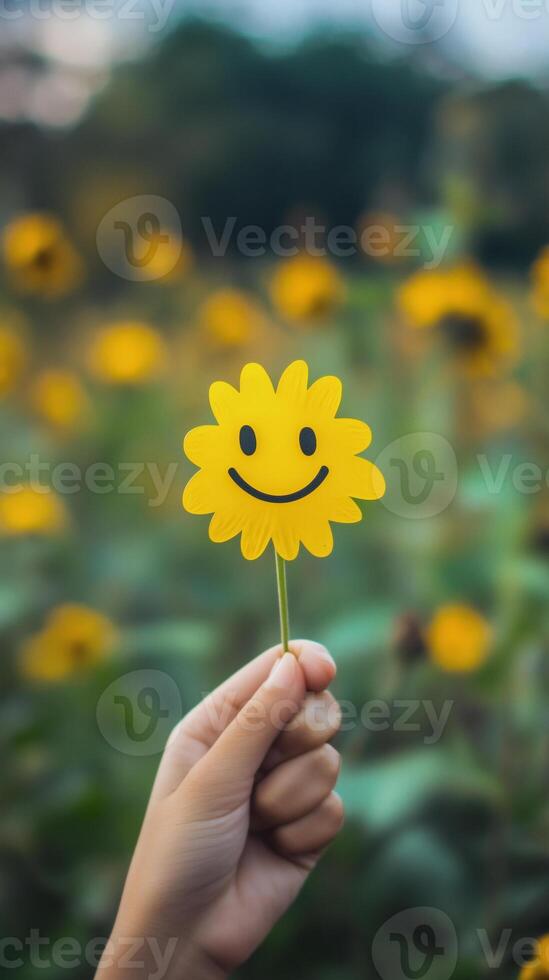 Positive thinking and mental health portrayed through smiling faces. World Mental Health Day. Good feedback rating and positive customer review. Smily flower. photo