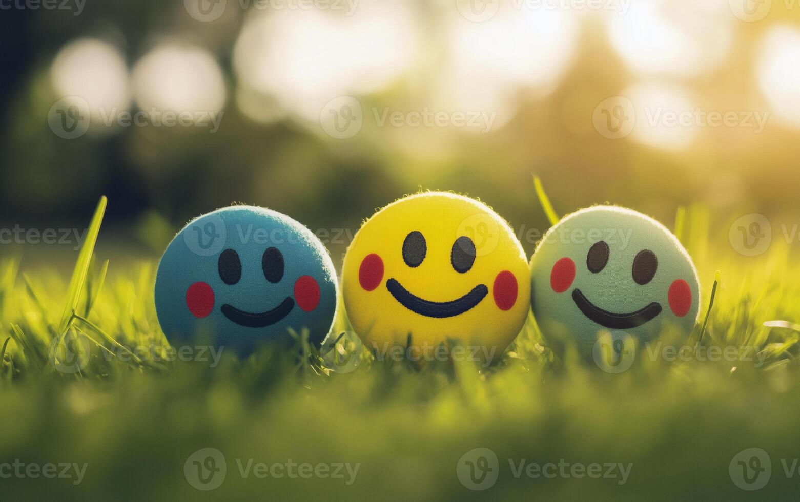 Positive thinking and mental health portrayed through smiling faces. World Mental Health Day. Good feedback rating and positive customer review. Happy faces on field. photo