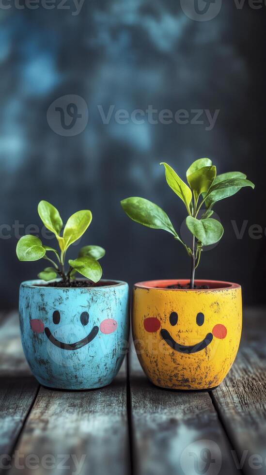 Positive thinking and mental health portrayed through smiling faces. World Mental Health Day. Good feedback rating and positive customer review. Happy face with flowers. photo