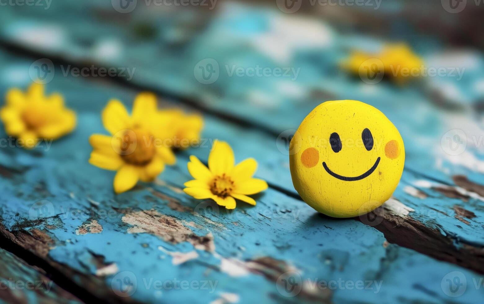 Positive thinking and mental health portrayed through smiling faces. World Mental Health Day. Good feedback rating and positive customer review. Happy face with yellow flowers. photo