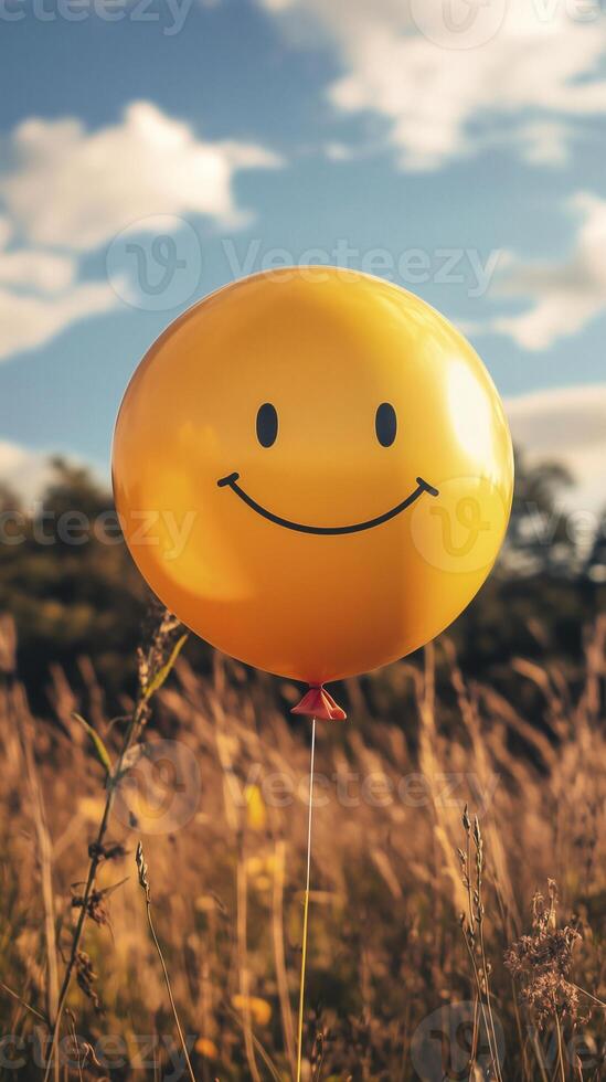 Happy yellow balloon floating on beautiful valley during sunset. International Happiness Day concept. Mental health. photo