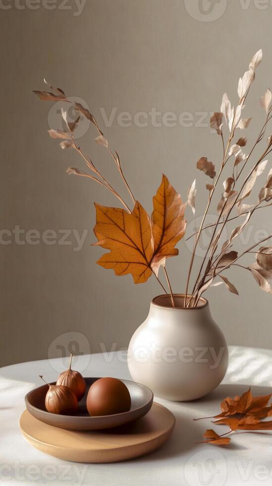 Minimalist scene with white vase over clean white wall scenary and orange and brown autumn leaves. Mockup product for showcase promotion. Vertical view. photo