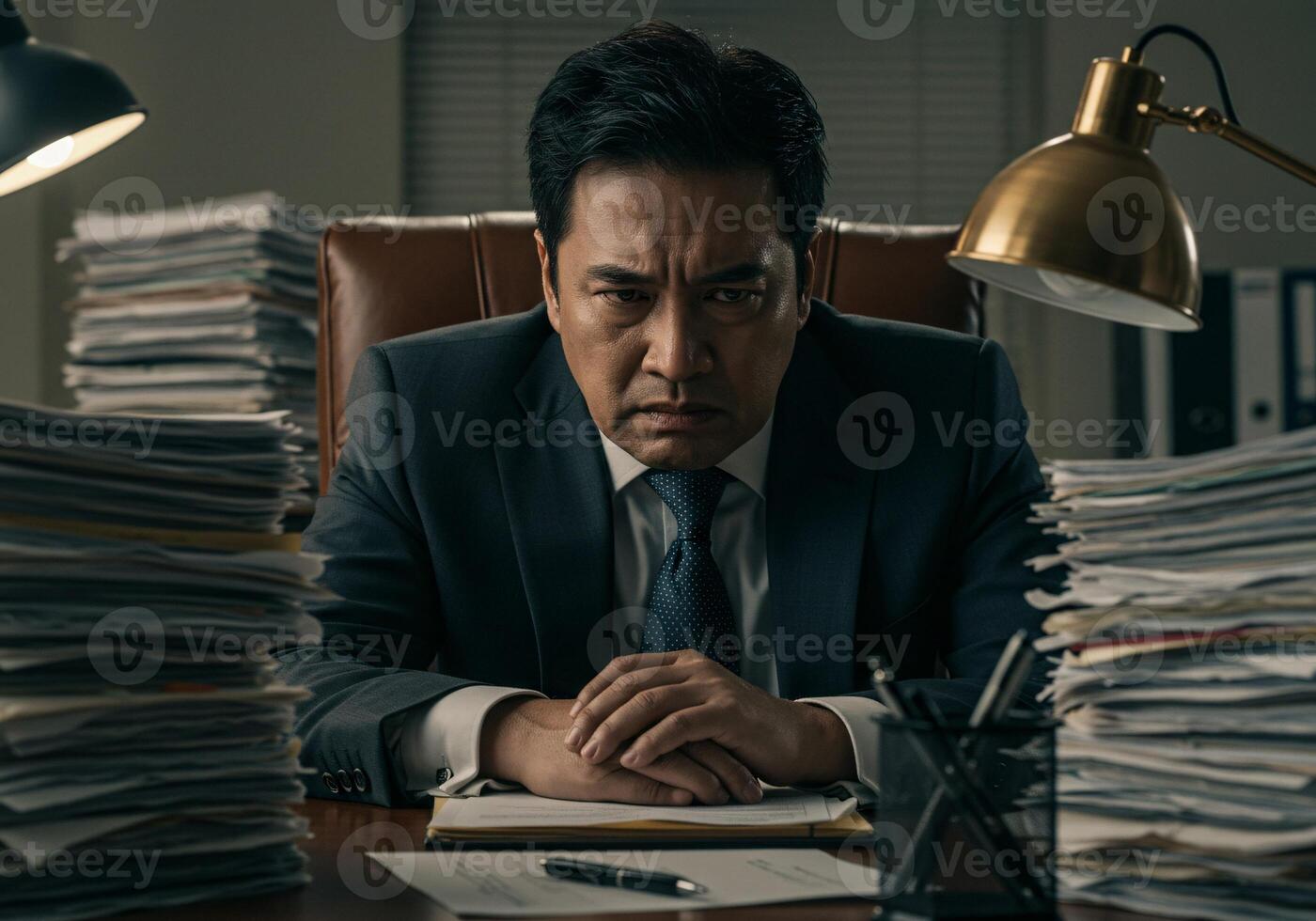 Senior businessmen feel worried, holding his hand on hands between a stack of document in the office 1 photo
