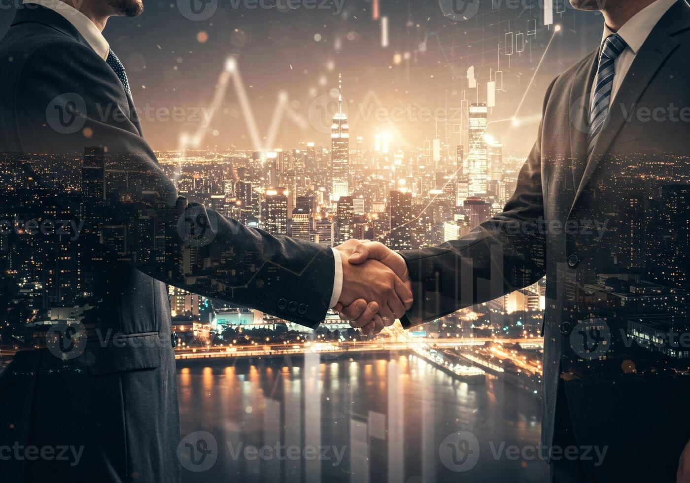 Businessmen Shaking Hands with Digital Network Overlay as a Background photo