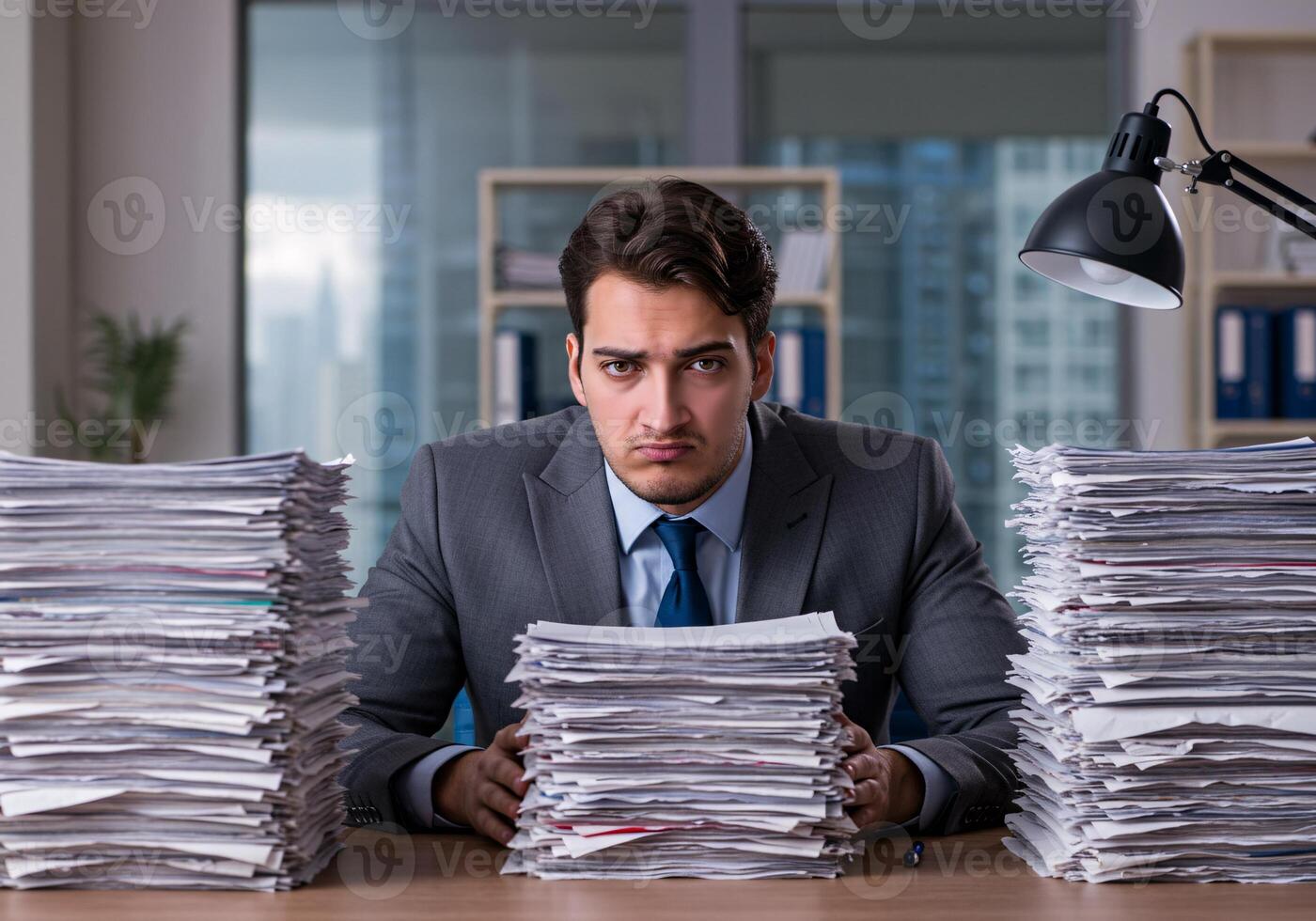 Senior businessmen feel worried, holding his hand on hands between a stack of document in the office 2 photo