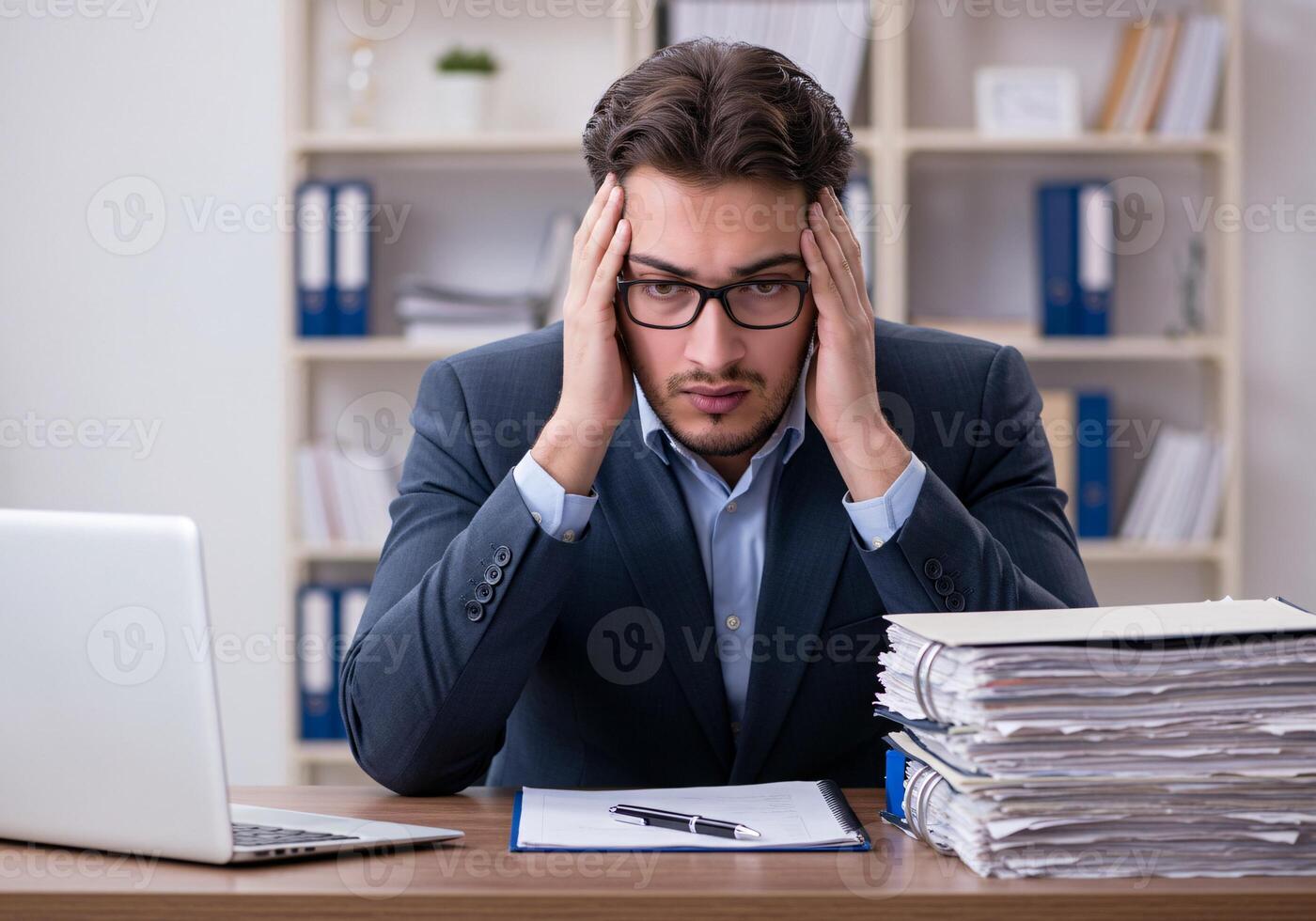 Stressed man worries about economy with holding hand and document, between stack of document 3 photo