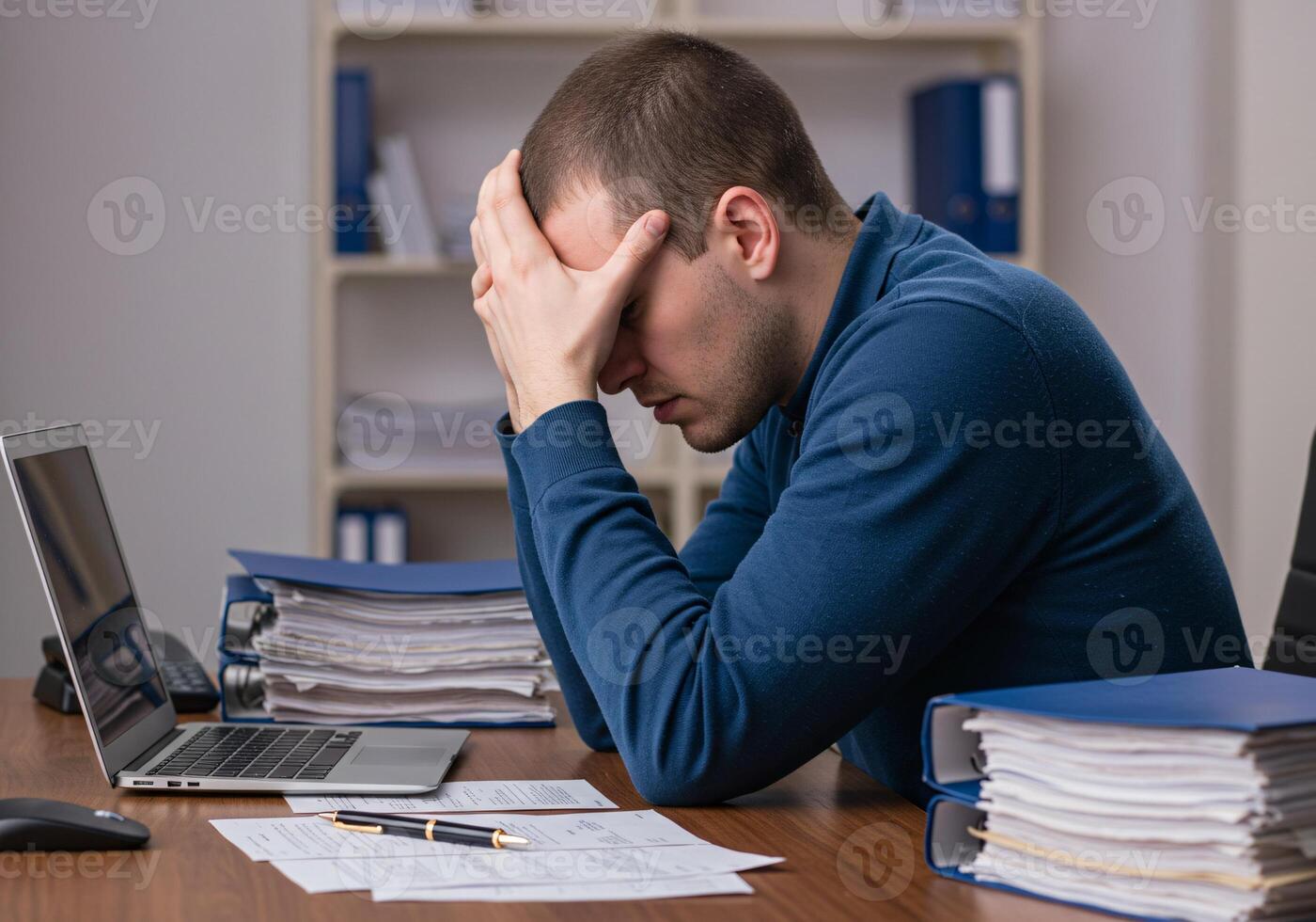 Stressed man worries about economy with holding hand and document, between stack of document 4 photo