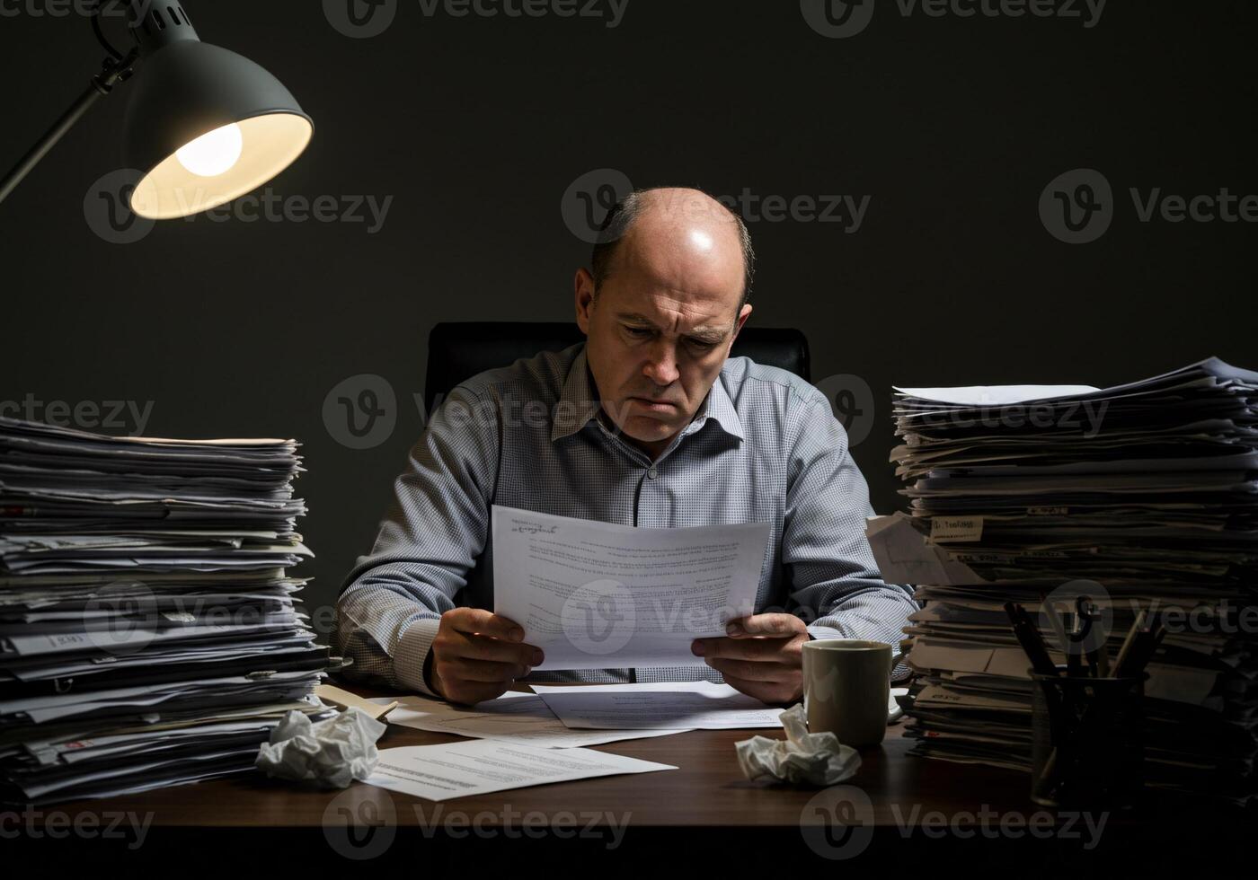 Stressed man worries about economy with holding hand and document, between stack of document 5 photo