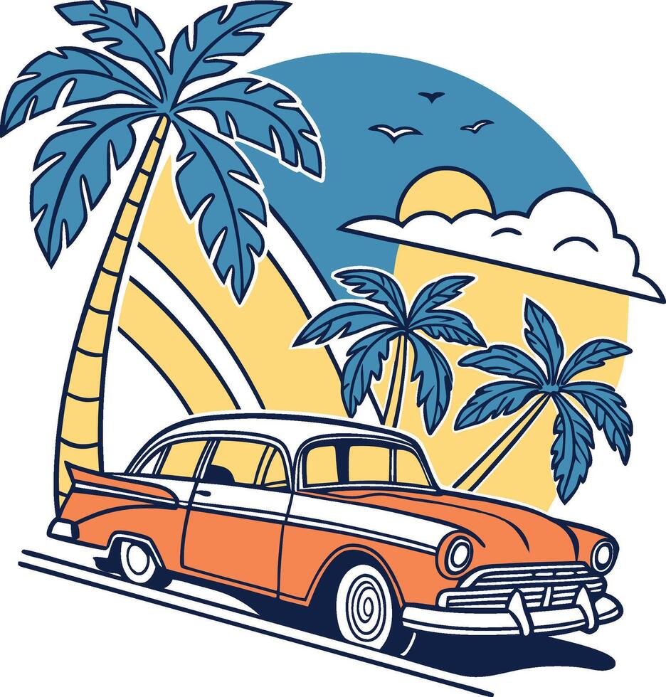Summer Retro car with palm trees and sunset EPS illustration vector