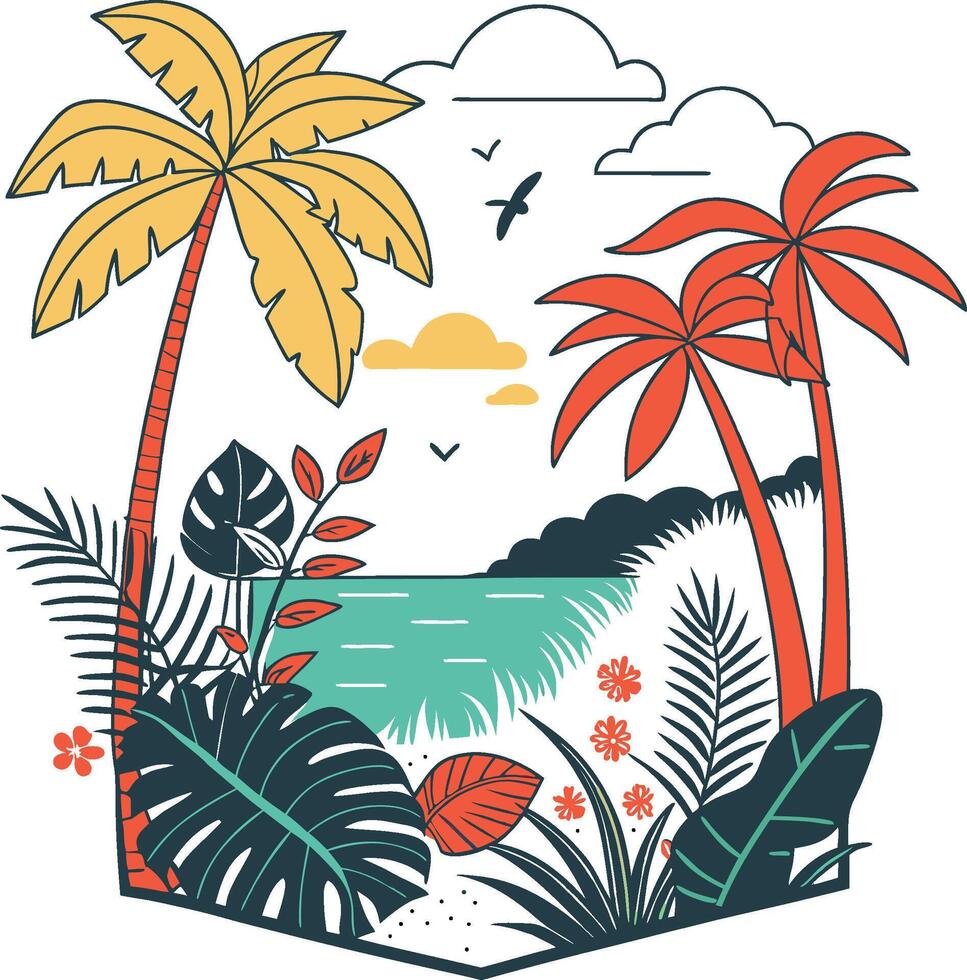 Tropical island with palm trees and birds illustration vector