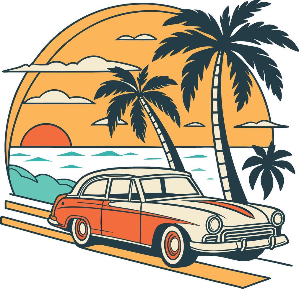Retro car on the beach with palm trees T-shirt Design vector