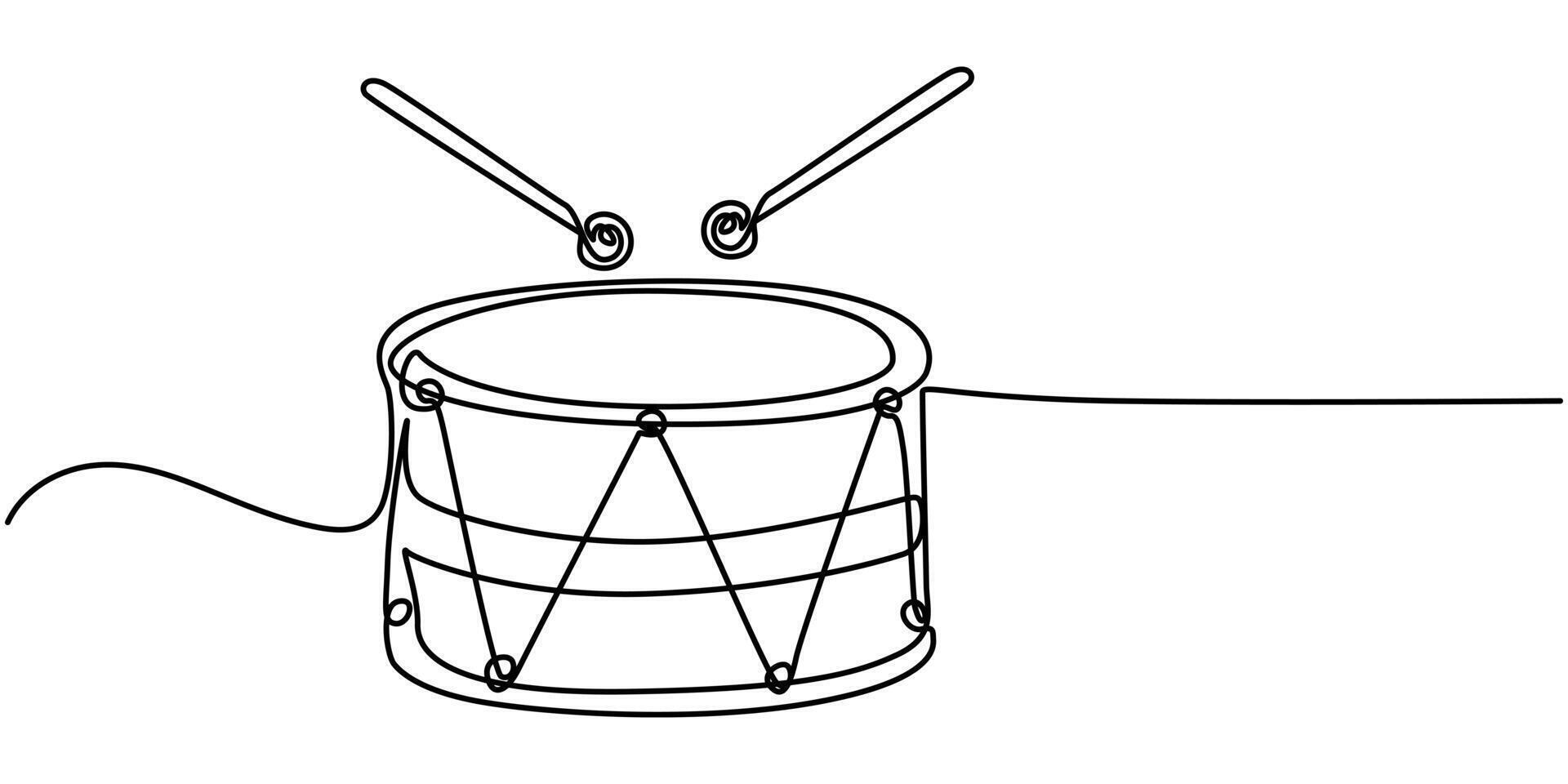 One single line drawing of little drum with drum sticks vector