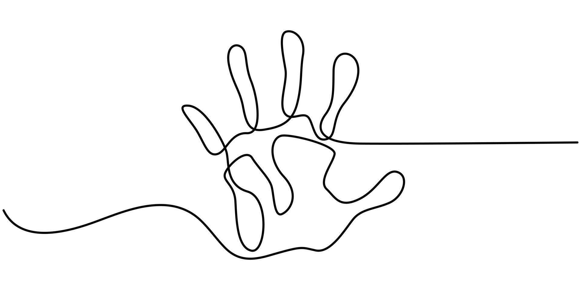 Care hands continuous one line drawing, continuous single drawn one line of child handprint vector