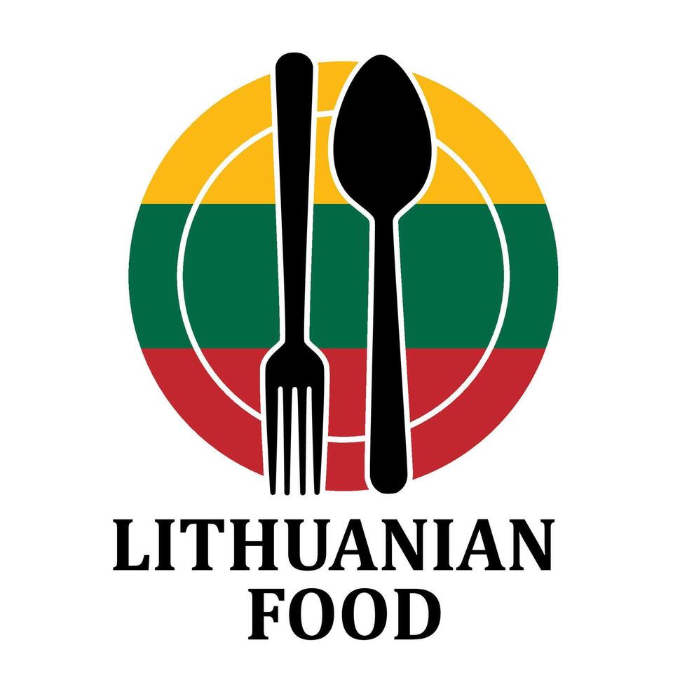 Lithuanian Restaurant food logo. Flag symbol with plate spoon and fork Icon Template Illustration Design vector