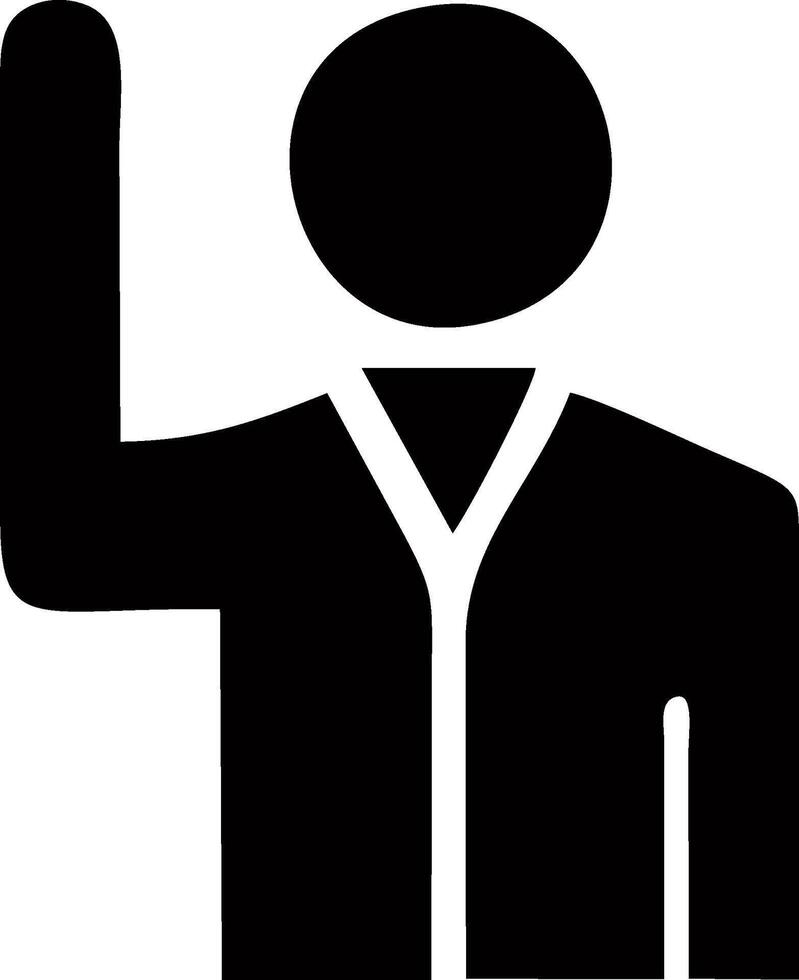 Simple black and white person icon with raised hand. vector