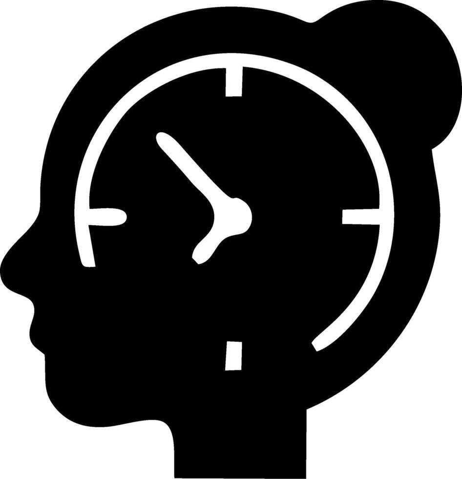 A profile view of a person's head with an analog clock inside, symbolizing time management. vector
