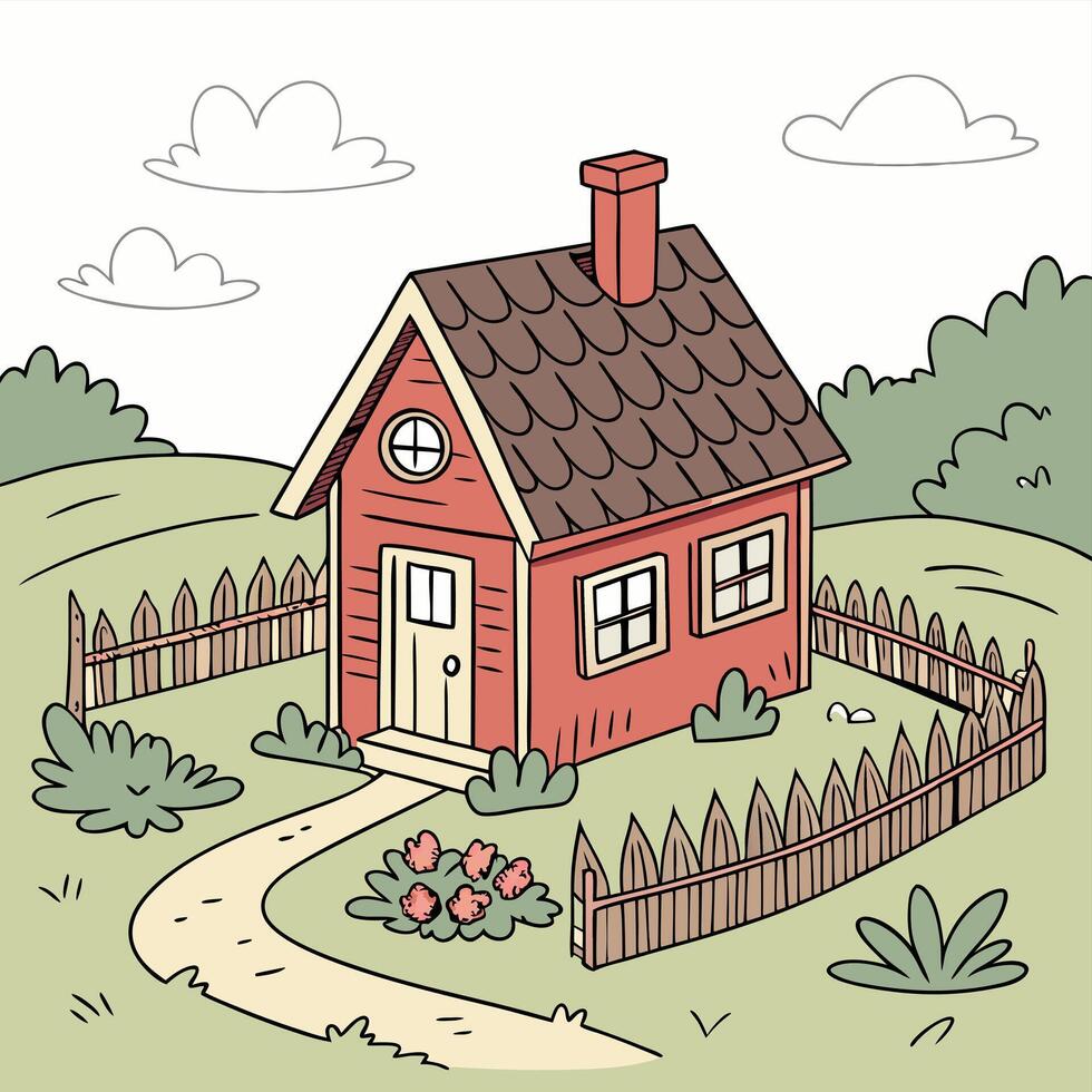 a cartoon house with a fence and a path vector