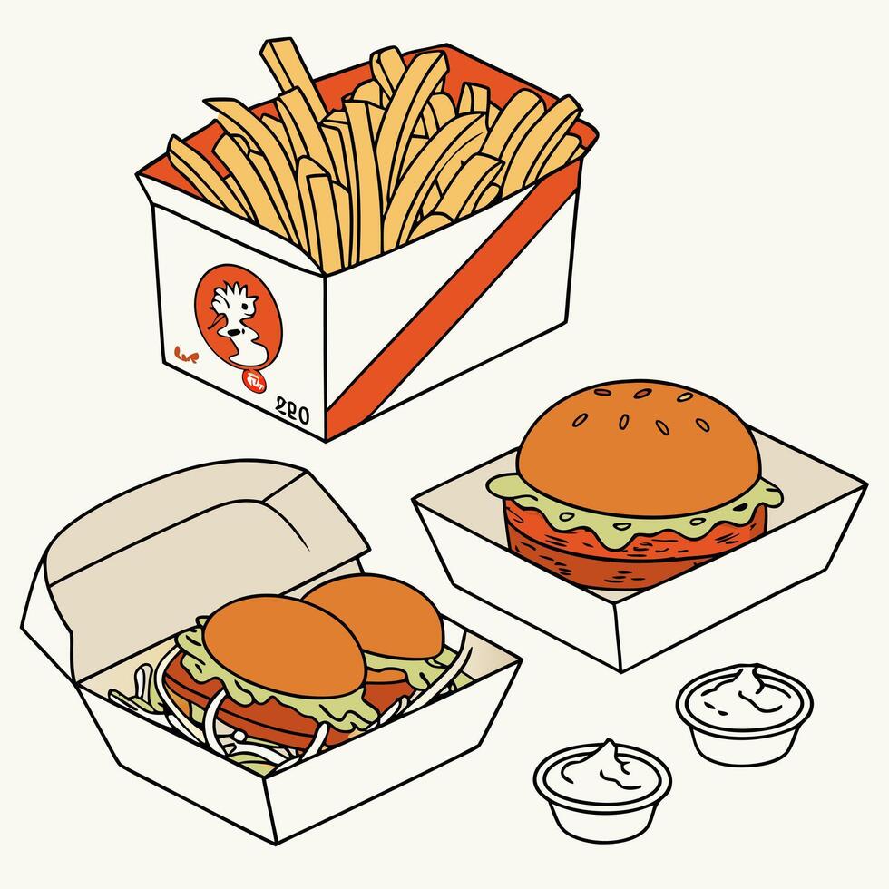 a drawing of a burger, fries and a drink vector