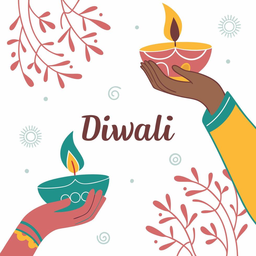 diwali greeting card with hands holding diwali candles vector