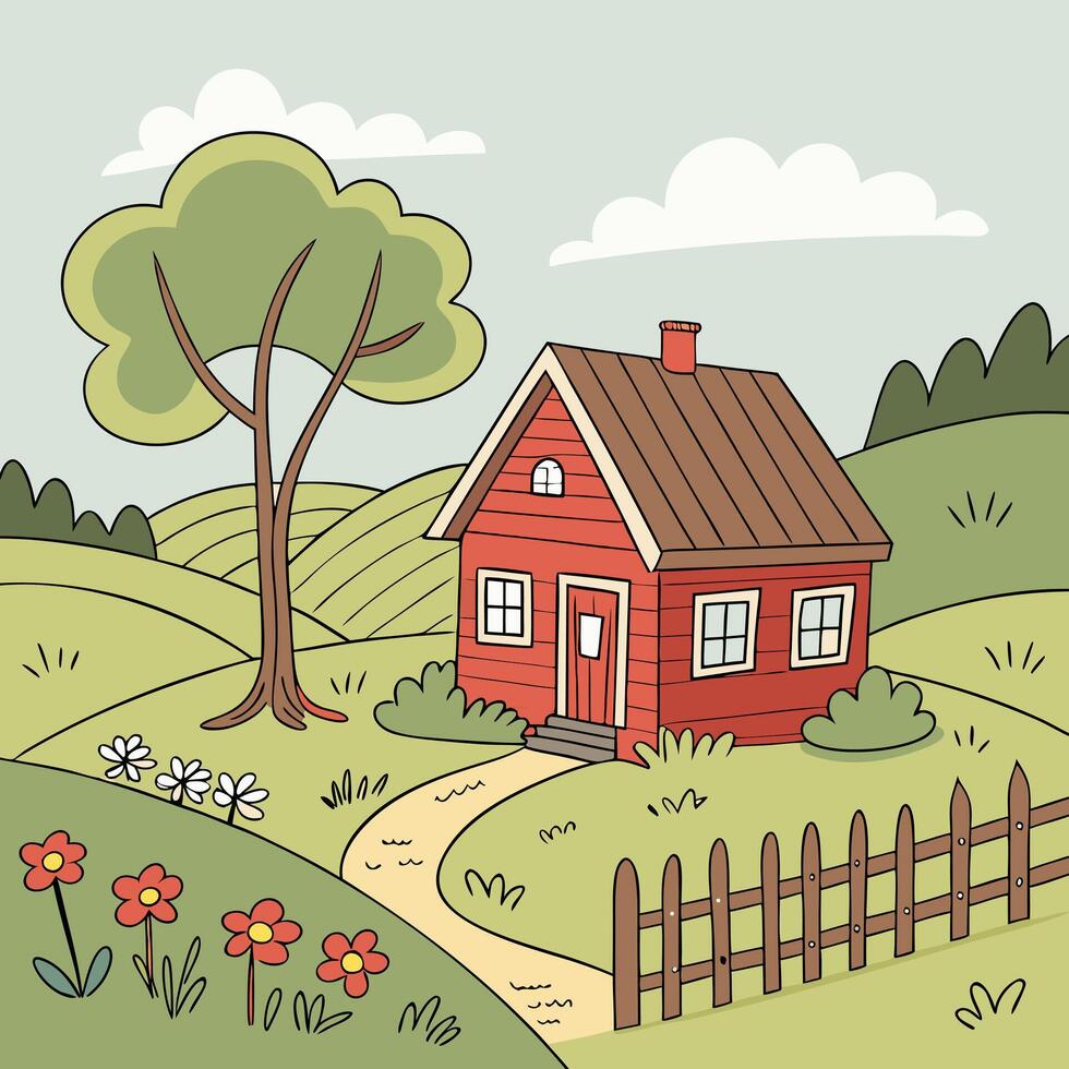a cartoon house in the countryside with a fence and trees vector