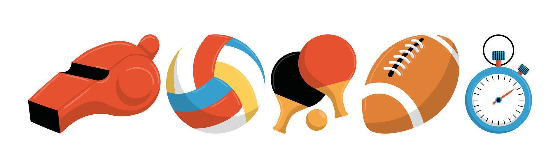 Various sports equipment are represented through icons in a flat and simple cartoon style, ideal for sport-themed designs. vector