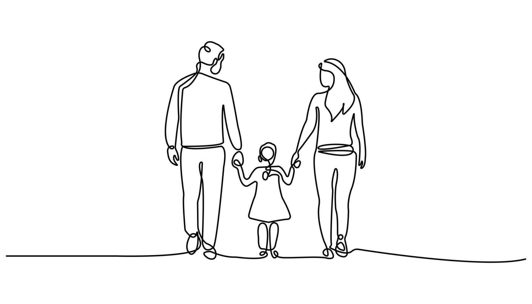 parents with their little kid holding hands and walking together, continuously drawing a single line, a single line family relationship, isolated on a white background vector