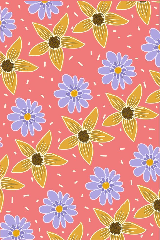 Yellow and purple flower on pink background. Fabric pattern vector