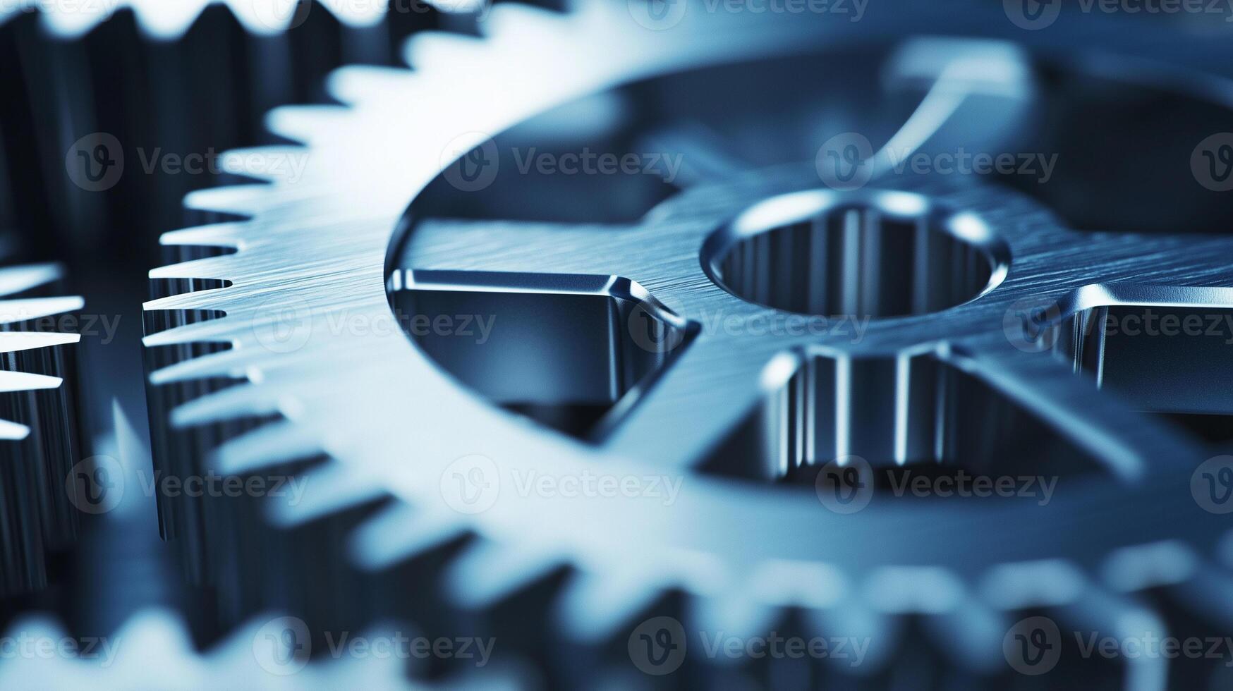 Shiny machine gears in focus. Metallic gears and cogs photo